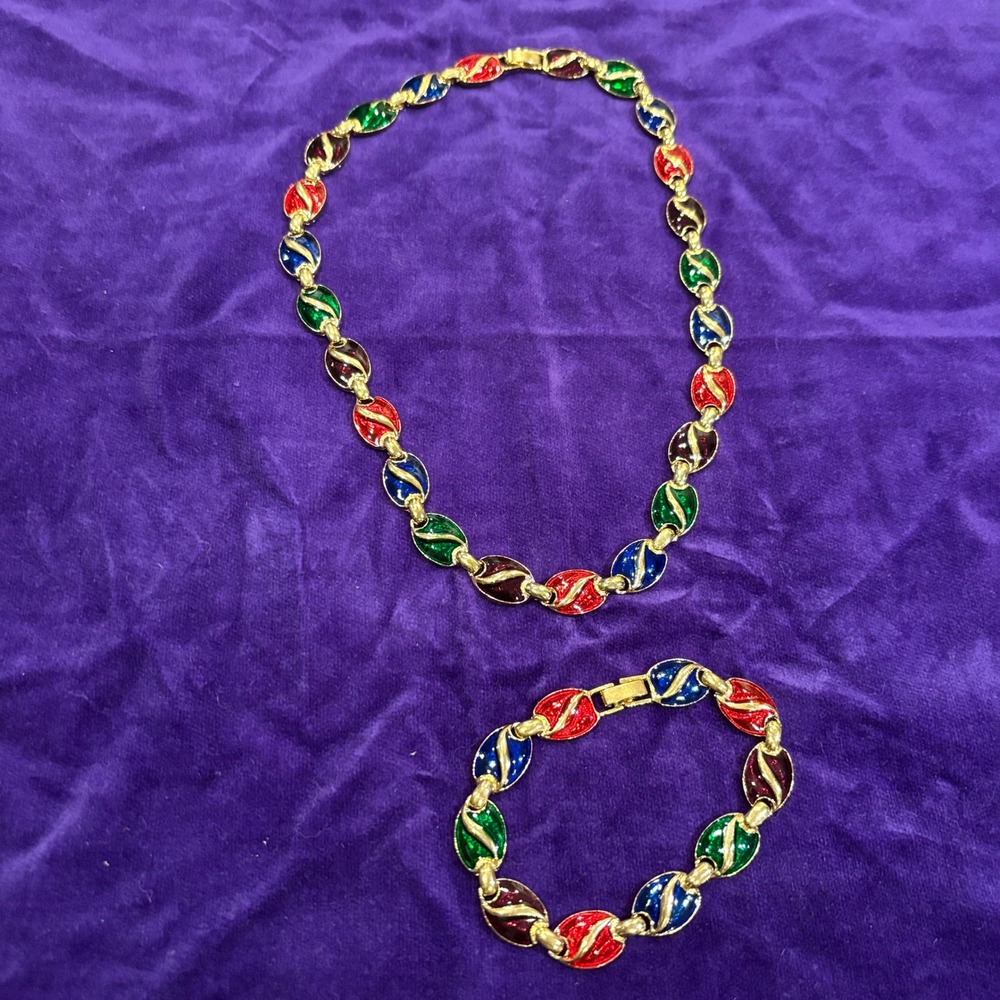 Vintage 80s Multi Color Enamel Gold Tone Link Necklace and Bracelet Set
